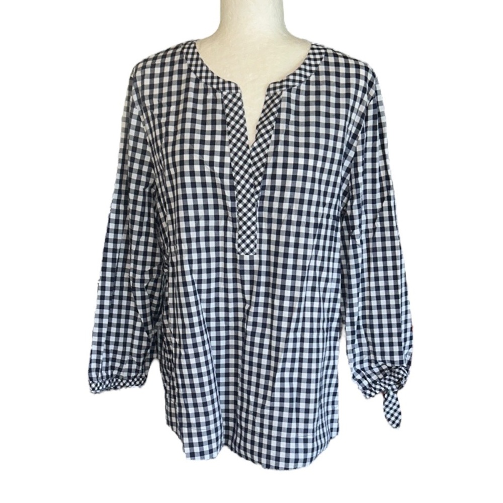LN Vineyard Vines Navy Blue & White Mixed Gingham Print Tie Sleeve Tunic Top  XL